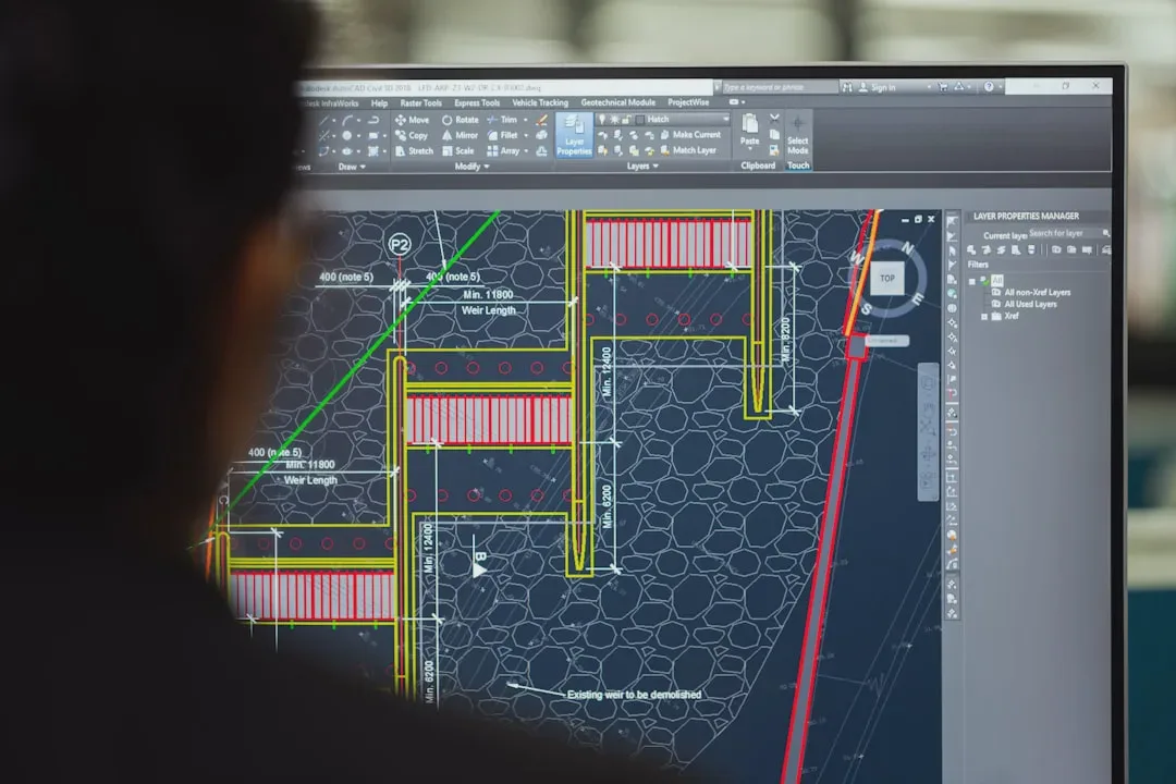 The photo shows a computer screen displaying the Autodesk AutoCAD Civil 3D interface, used in engineering and architectural design. The screen shows detailed technical drawings with annotations and dimensions, indicating precision and planning in construction projects. - Photo: ThisisEngineering